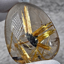 Load image into Gallery viewer, Golden Rutilated Quartz with Black Hematite Cabochon Pendant – 金发晶伴黑赤铁矿蛋面吊坠