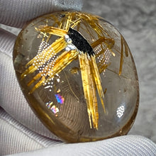 Load image into Gallery viewer, Golden Rutilated Quartz with Black Hematite Cabochon Pendant – 金发晶伴黑赤铁矿蛋面吊坠