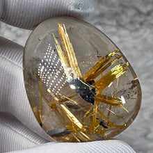 Load image into Gallery viewer, Golden Rutilated Quartz with Black Hematite Cabochon Pendant – 金发晶伴黑赤铁矿蛋面吊坠