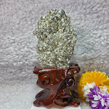 Load image into Gallery viewer, High-Grade Pyrite Crystal Cluster with Wooden Base (Huanzala, Peru) – 秘鲁华安萨拉高品质黄铁矿晶簇木座摆件