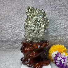 Load image into Gallery viewer, High-Grade Pyrite Crystal Cluster with Wooden Base (Huanzala, Peru) – 秘鲁华安萨拉高品质黄铁矿晶簇木座摆件