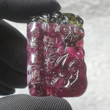 Load image into Gallery viewer, Bi-Tone Tourmaline Bat, Coins & Ruyi Carving Pendant – Dual Blessings & Wealth Flow