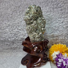 Load image into Gallery viewer, High-Grade Pyrite Crystal Cluster with Wooden Base (Huanzala, Peru) – 秘鲁华安萨拉高品质黄铁矿晶簇木座摆件