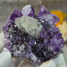 Load image into Gallery viewer, Amethyst with Calcite on Black & Red Hematite Specimen (Uruguay) – 乌拉圭紫水晶共生方解石黑红赤铁矿标本