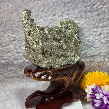 Load image into Gallery viewer, High-Grade Pyrite Crystal Cluster with Wooden Base (Huanzala, Peru) – 秘鲁华安萨拉高品质黄铁矿晶簇木座摆件