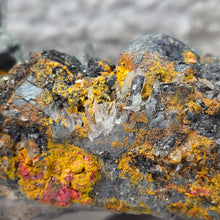 Load image into Gallery viewer, Galena on Quartz with Orpiment & Realgar (Peru) – 秘鲁方铅矿共生石英、雌黄与雄黄天然矿物标本