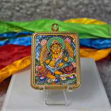 Load image into Gallery viewer, Hand-Drawn Tibetan Yellow Jambhala Pendant (Blue Green) – 手绘藏传黄财神蓝绿色吊坠