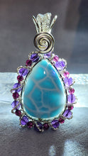 Load image into Gallery viewer, Customised wire-wrapped Larimar with faceted Amethyst &amp; Rhodolite Garnet Pendant (In-house Customised)
