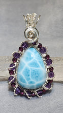 Load image into Gallery viewer, Customised wire-wrapped Larimar with faceted Amethyst &amp; Rhodolite Garnet Pendant (In-house Customised)
