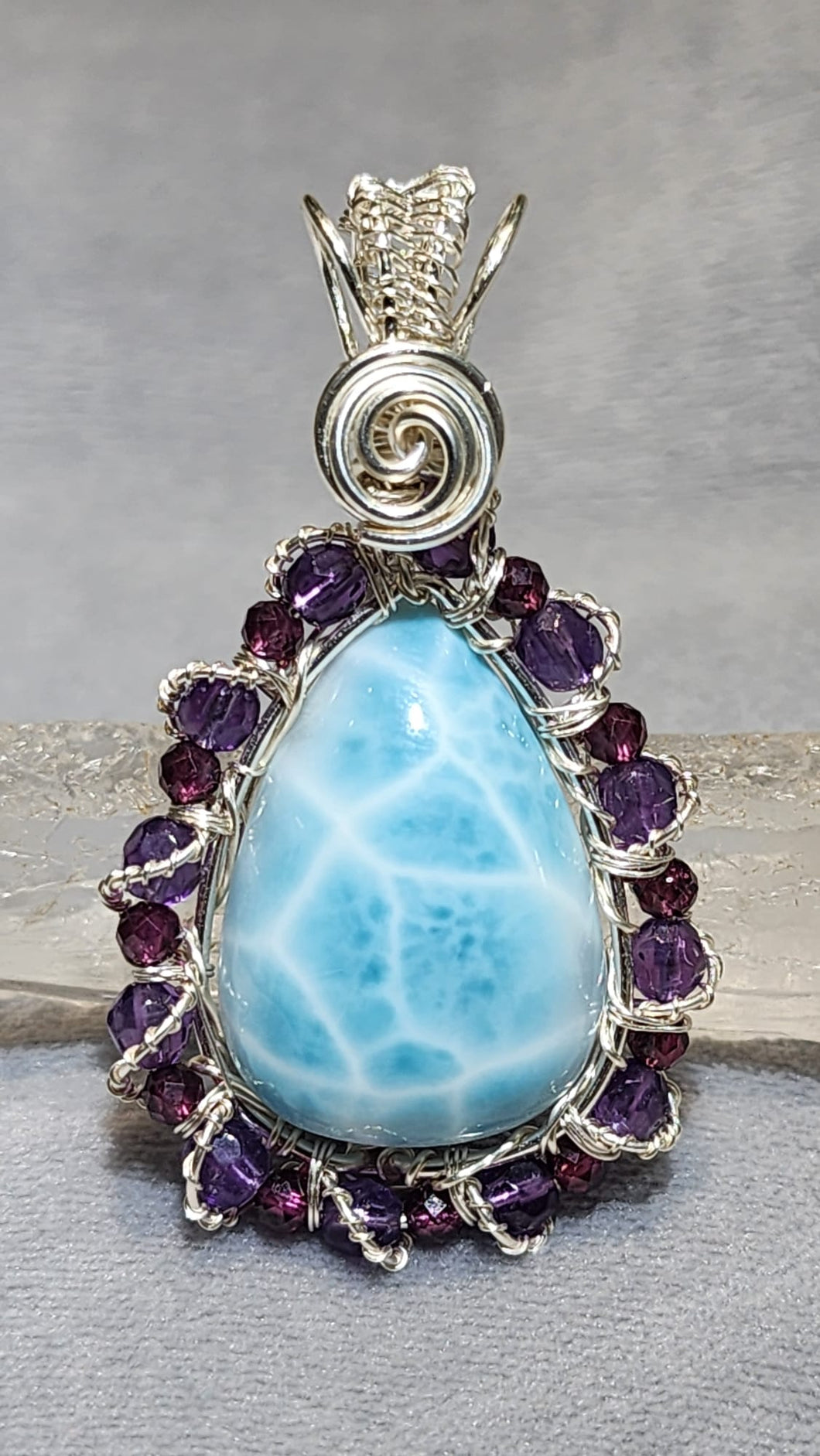 Customised wire-wrapped Larimar with faceted Amethyst & Rhodolite Garnet Pendant (In-house Customised)