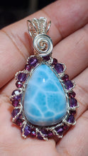Load image into Gallery viewer, Customised wire-wrapped Larimar with faceted Amethyst &amp; Rhodolite Garnet Pendant (In-house Customised)
