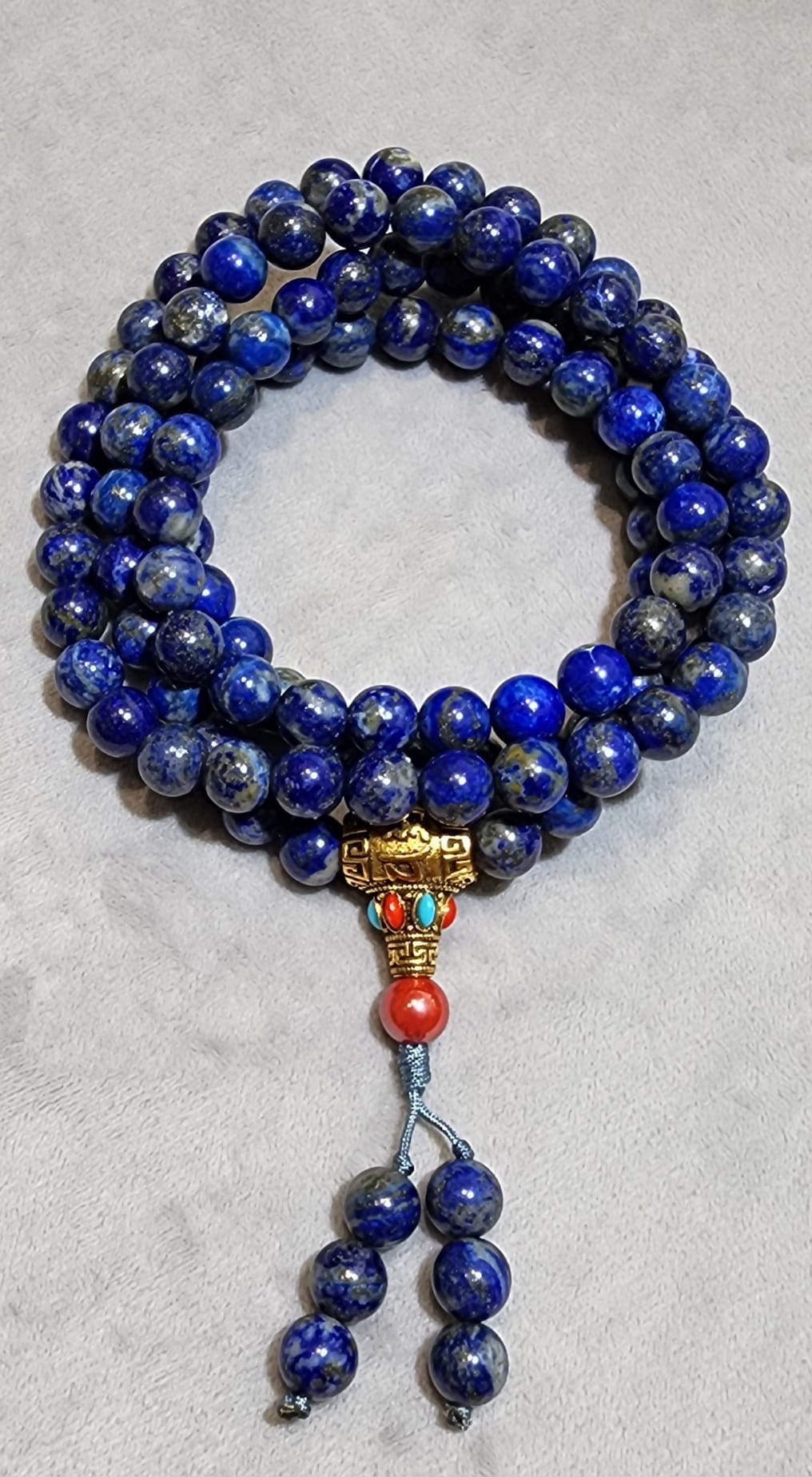 ✨ Lapis Lazuli Mala Necklace with Tibetan Silver OM Mani Padme Hum Guru Bead ✨