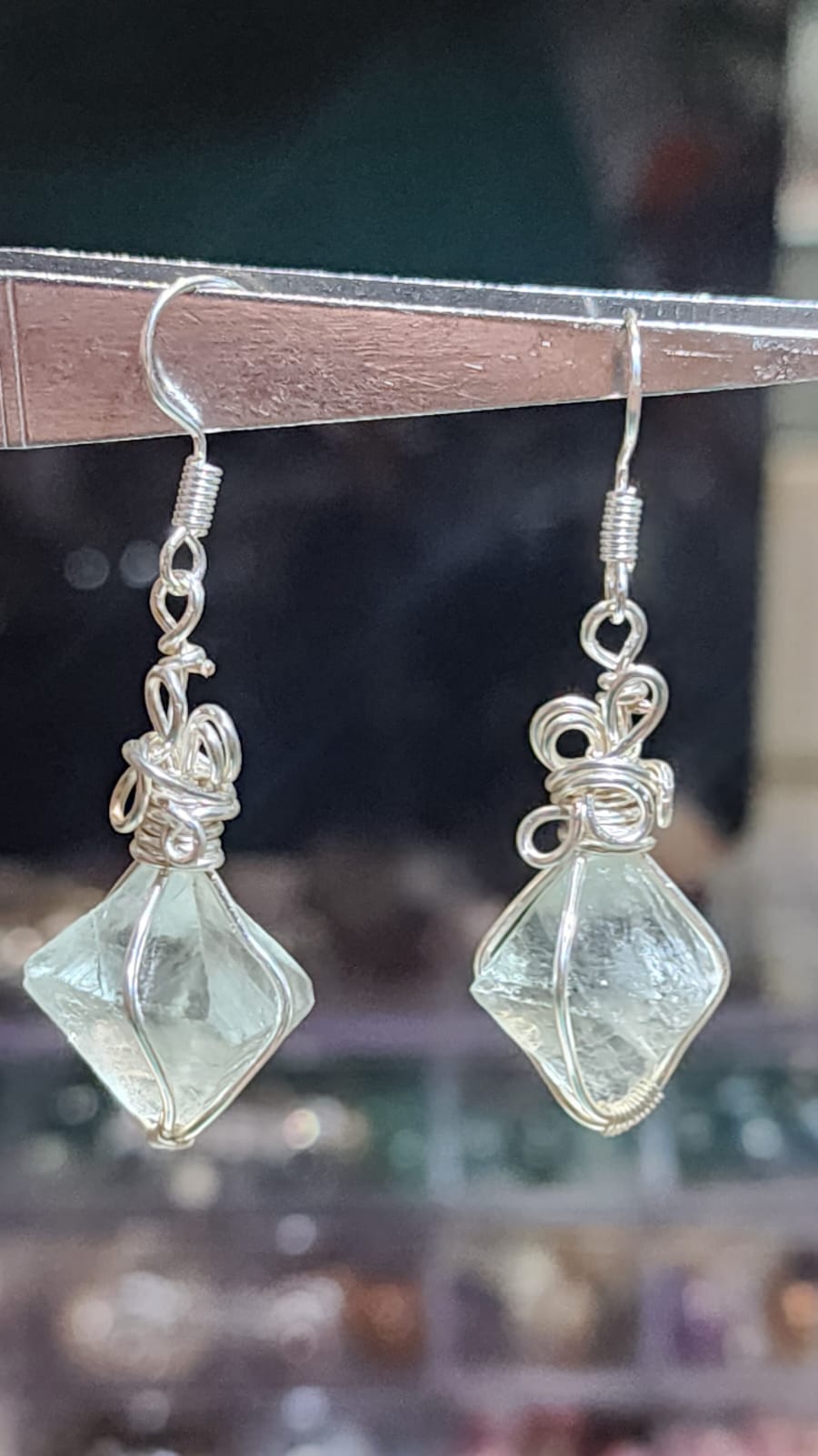 Customised Wire Wrapped Green Fluorite Octahedron Earrings (In House Customised)