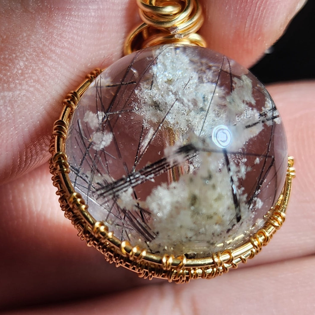 In-House Wire Wrapped White Phantom with Black Rutiles Pendant