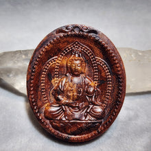 Load image into Gallery viewer, Hainan Rosewood Carving Pendant – Guanyin &amp; Laughing Buddha
