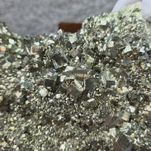 Load and play video in Gallery viewer, High-Grade Pyrite Crystal Cluster with Wooden Base (Huanzala, Peru) – 秘鲁华安萨拉高品质黄铁矿晶簇木座摆件
