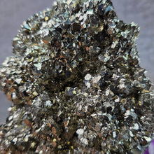 Load image into Gallery viewer, High-Grade Pyrite Crystal Cluster with Wooden Base (Huanzala, Peru) – 秘鲁华安萨拉高品质黄铁矿晶簇木座摆件
