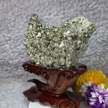 Load image into Gallery viewer, High-Grade Pyrite Crystal Cluster with Wooden Base (Huanzala, Peru) – 秘鲁华安萨拉高品质黄铁矿晶簇木座摆件
