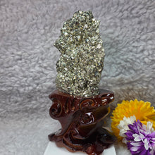Load image into Gallery viewer, High-Grade Pyrite Crystal Cluster with Wooden Base (Huanzala, Peru) – 秘鲁华安萨拉高品质黄铁矿晶簇木座摆件
