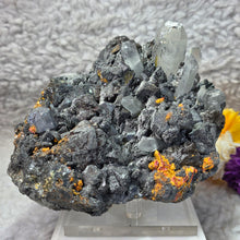 Load image into Gallery viewer, Galena on Quartz with Orpiment &amp; Realgar (Peru) – 秘鲁方铅矿共生石英、雌黄与雄黄天然矿物标本

