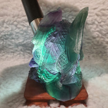 Load image into Gallery viewer, Fluorite Dragon Carving – Wisdom &amp; Protection Display
