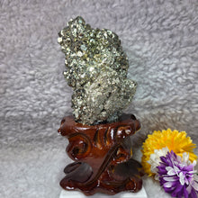 Load image into Gallery viewer, High-Grade Pyrite Crystal Cluster with Wooden Base (Huanzala, Peru) – 秘鲁华安萨拉高品质黄铁矿晶簇木座摆件
