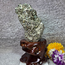 Load image into Gallery viewer, High-Grade Pyrite Crystal Cluster with Wooden Base (Huanzala, Peru) – 秘鲁华安萨拉高品质黄铁矿晶簇木座摆件
