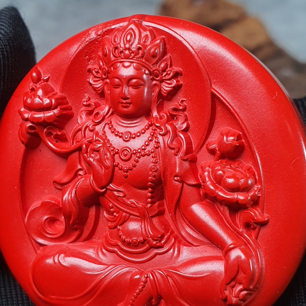 Hong Sha Cinnabar Green Tara Carving Pendant – Protection · Healing · Spiritual Guidance
