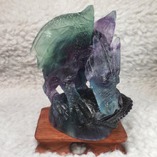 Load image into Gallery viewer, Fluorite Dragon Carving – Wisdom &amp; Protection Display
