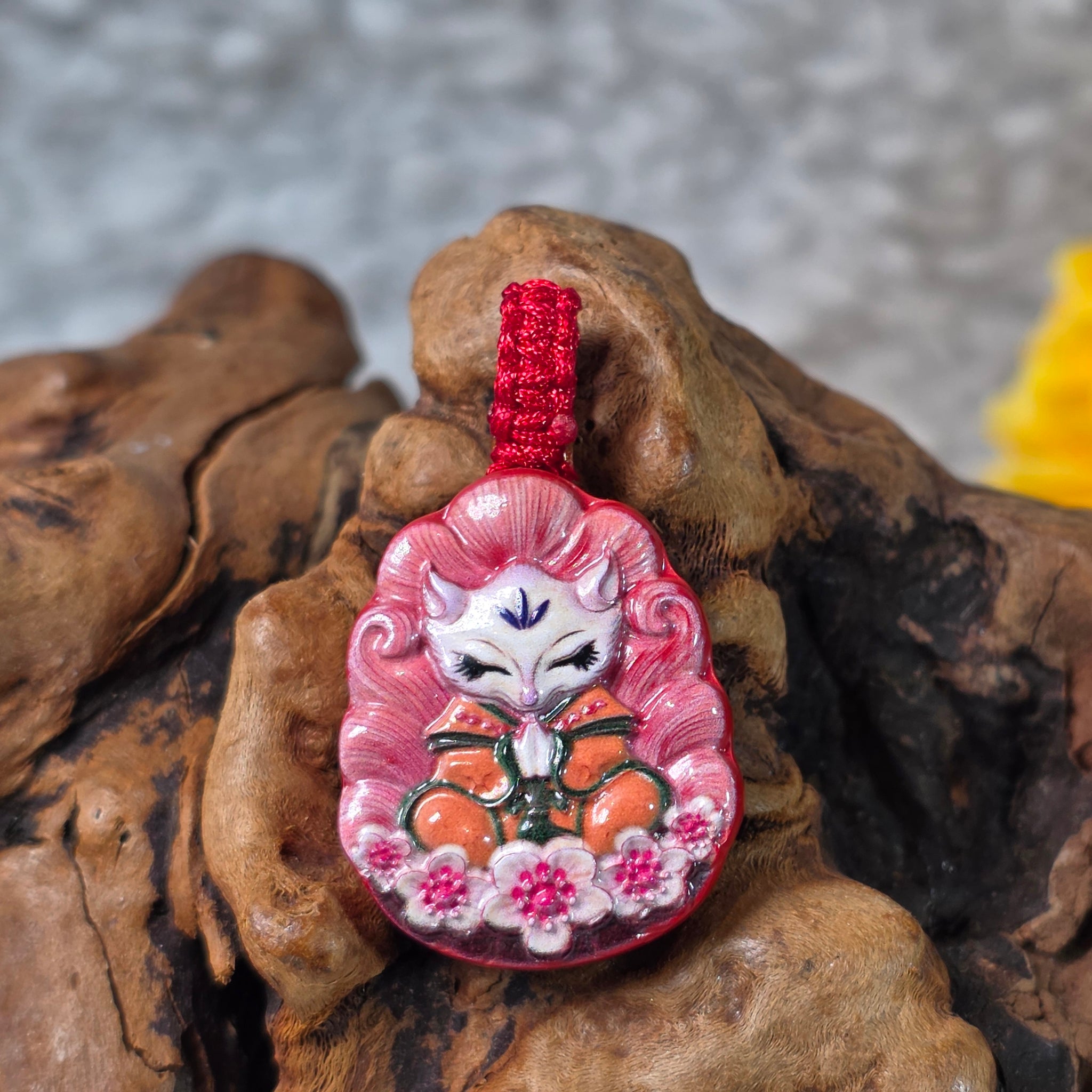 Cinnabar 9-Tailed Fox Pendant – 朱砂九尾狐吊坠 – Living Gems SG
