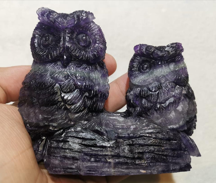 Purple Fluorite Owl Carving Display